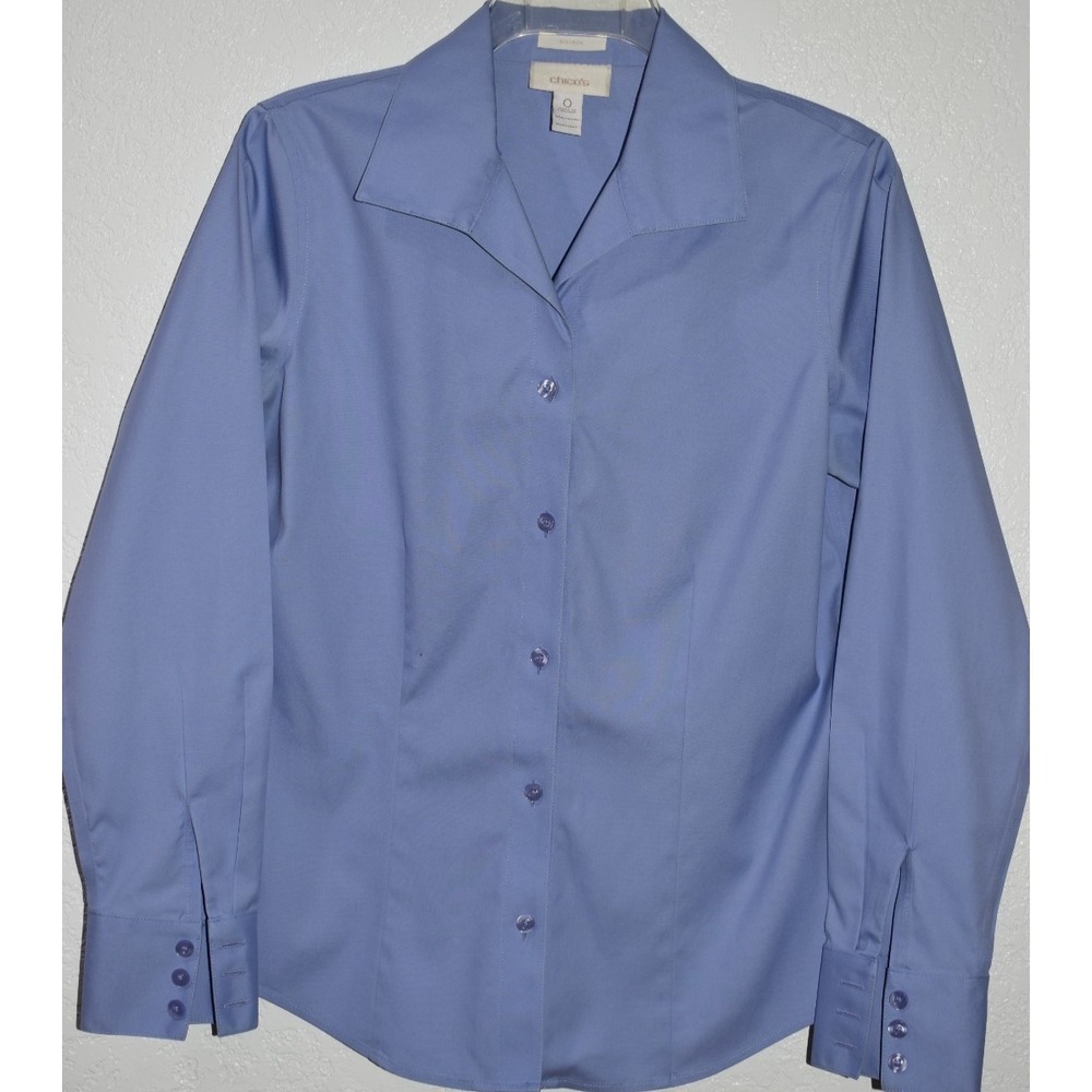 Chicos No-Iron Button Down Shirt Sz 0 (US 4) Blue 100% Cotton Long Sleeve‎